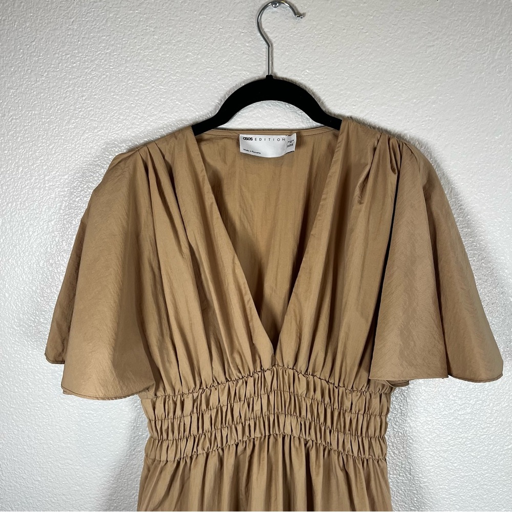 ASOS Edition Shirred-Waist Tiered Midi Dress Camel Women’s 2 - Picture 4 of 11